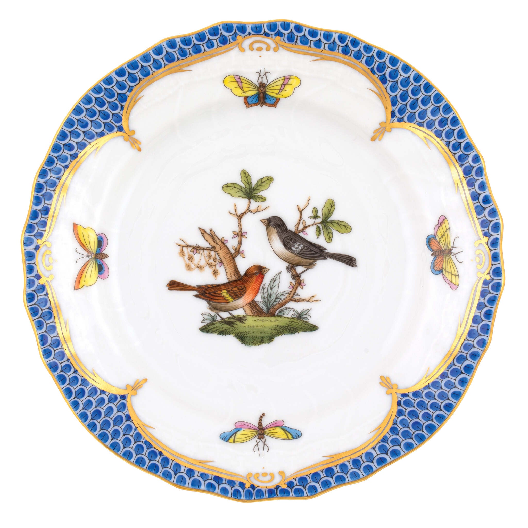 Hand-painted Herend Rothschild Bird Blue Border Bread and Butter Plate in fine porcelain, 6in D,, Motif 5, on a white background