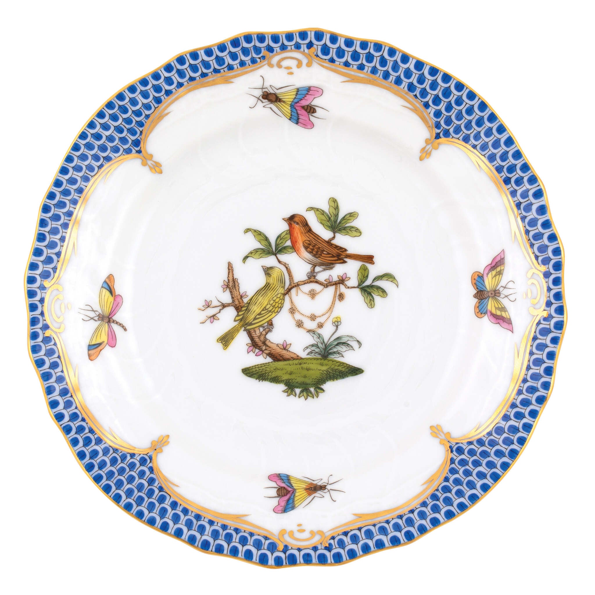 Hand-painted Herend Rothschild Bird Blue Border Bread and Butter Plate in fine porcelain, 6in D,, Motif 6, on a white background