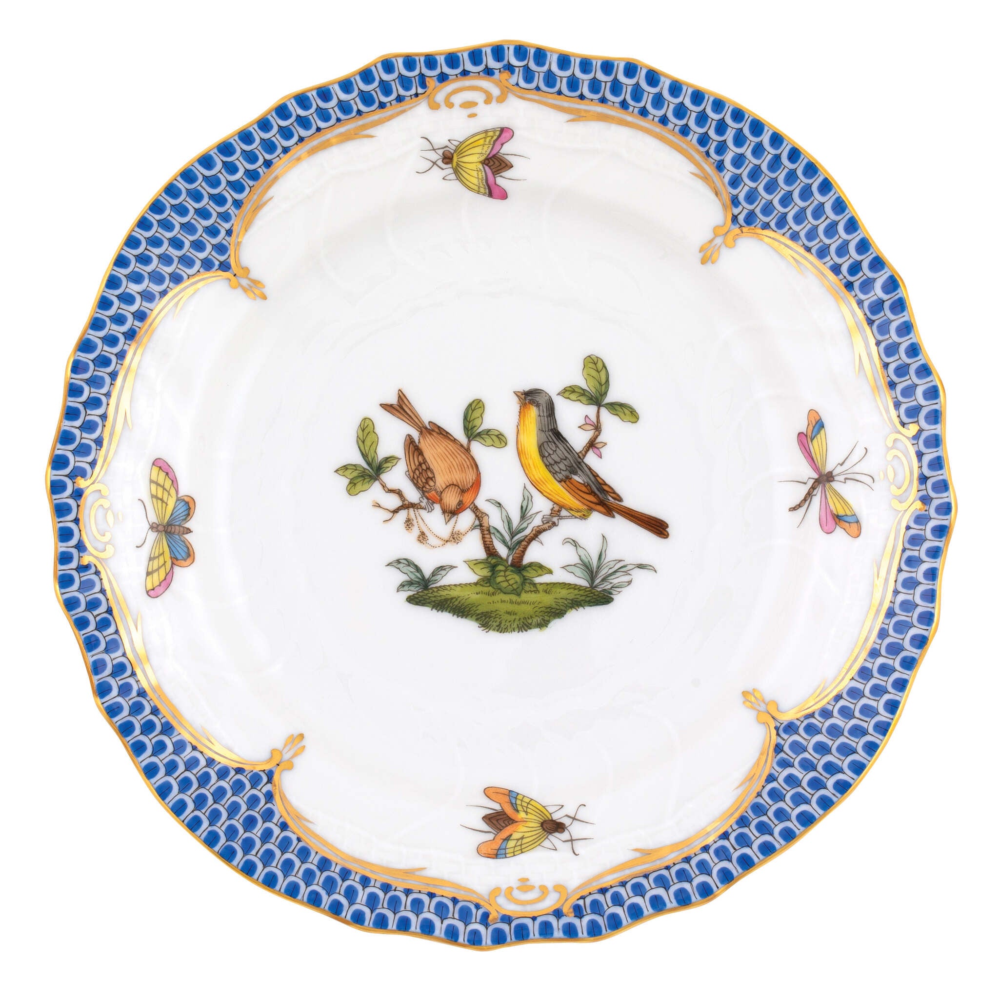 Hand-painted Herend Rothschild Bird Blue Border Bread and Butter Plate in fine porcelain, 6in D,, Motif 7, on a white background