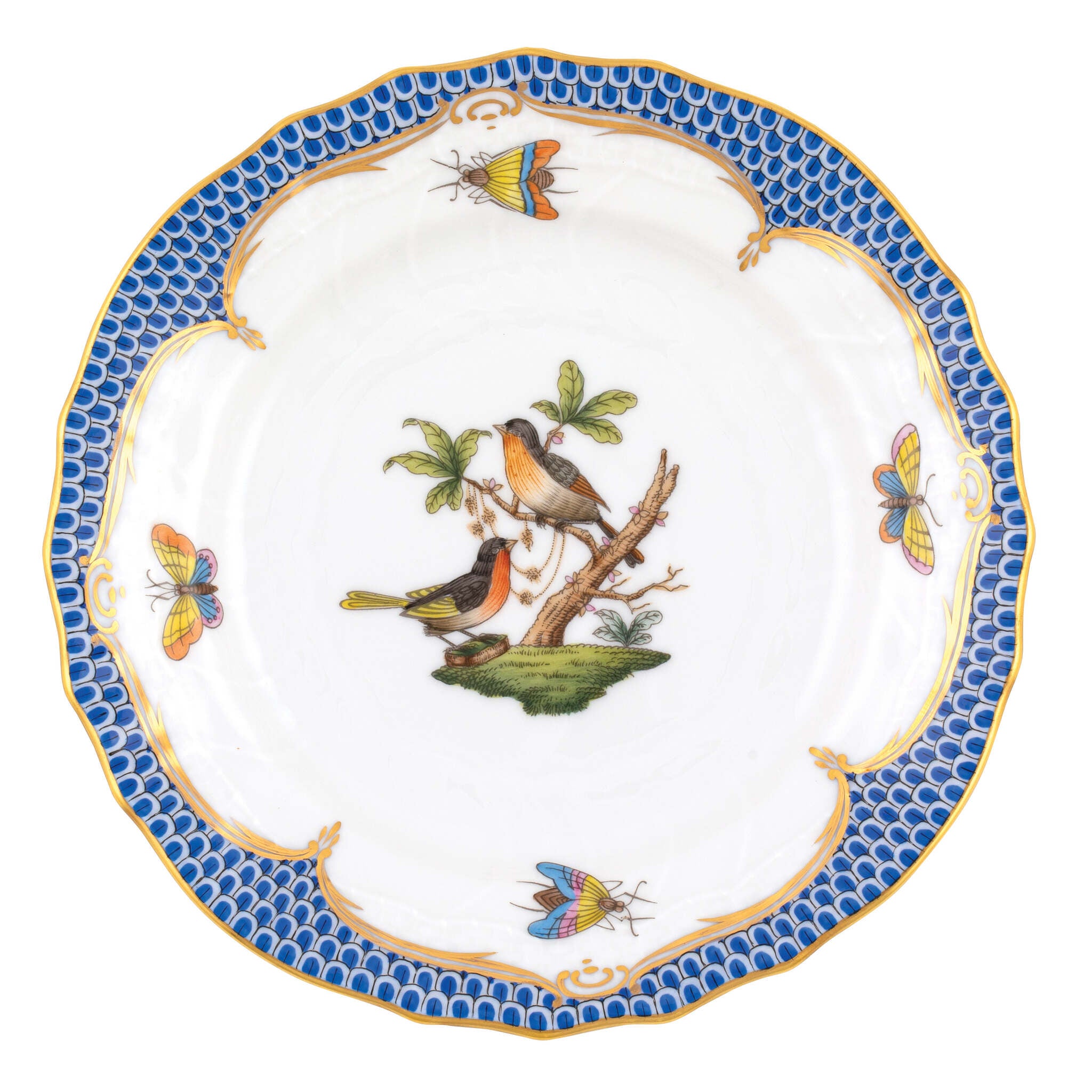 Hand-painted Herend Rothschild Bird Blue Border Bread and Butter Plate in fine porcelain, 6in D,, Motif 8, on a white background