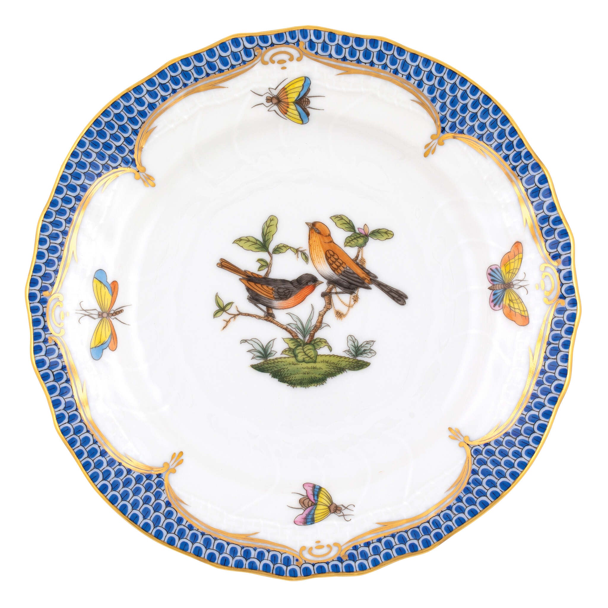 Hand-painted Herend Rothschild Bird Blue Border Bread and Butter Plate in fine porcelain, 6in D,, Motif 9, on a white background