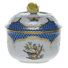 Hand-painted Herend Rothschild Bird Blue Border Covered Sugar with Rose Sugar Bowl in fine porcelain, (6 OZ) 4in H, on a white background