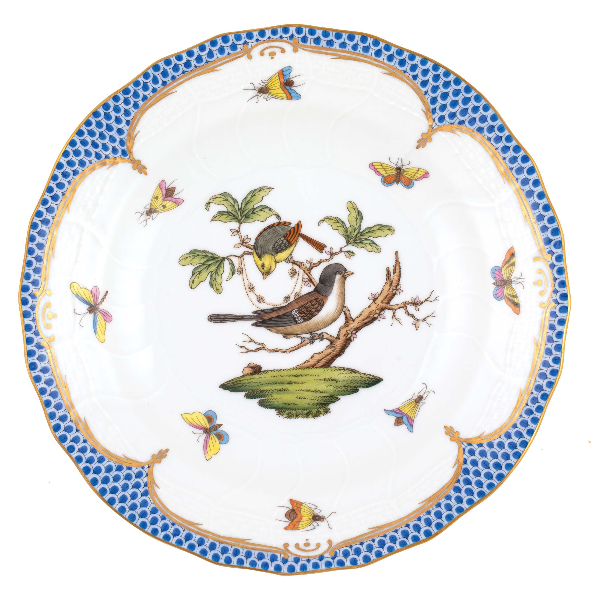 Hand-painted Herend Rothschild Bird Blue Border Dessert Plate in fine porcelain, 8.25in D,, Motif 1, on a white background