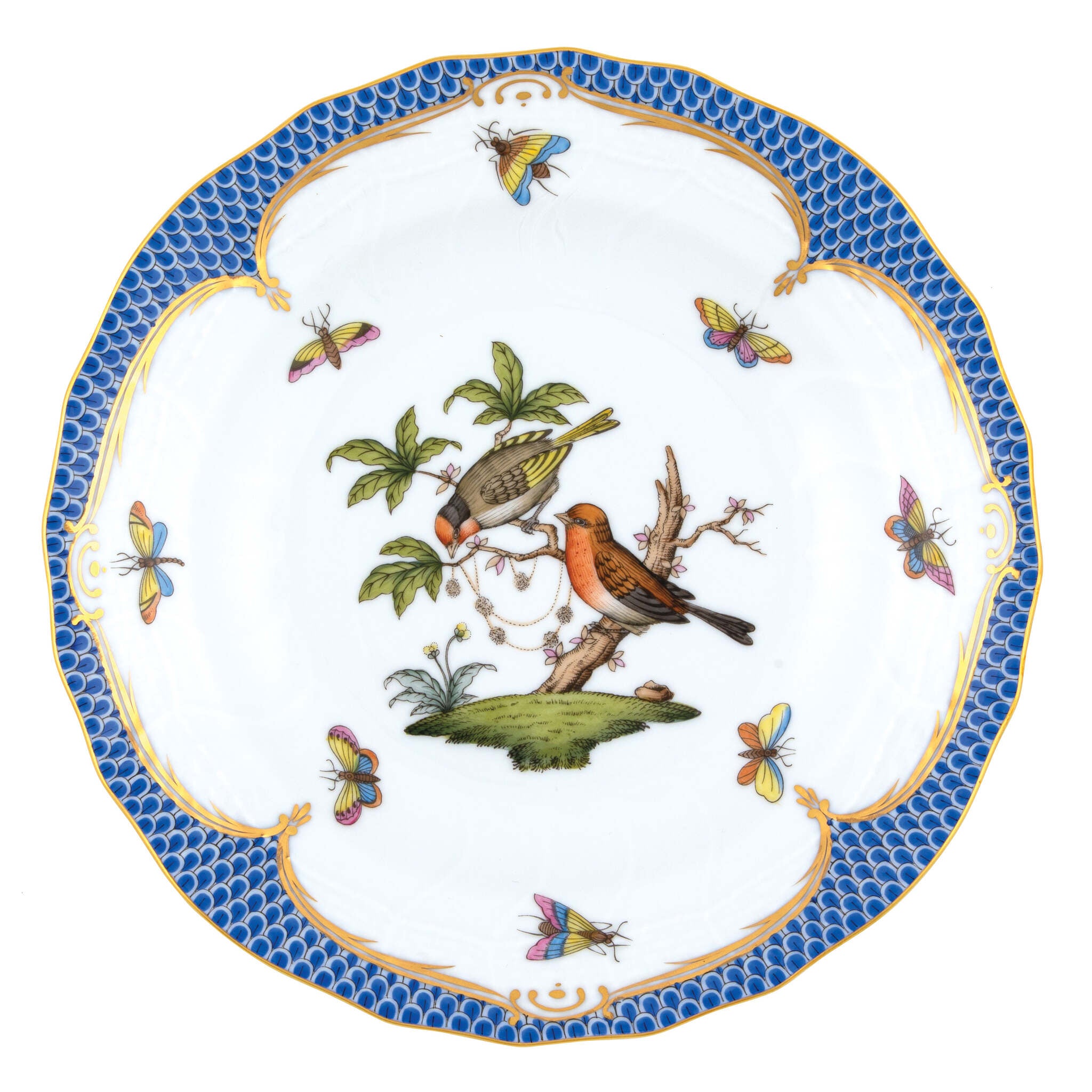 Hand-painted Herend Rothschild Bird Blue Border Dessert Plate in fine porcelain, 8.25in D,, Motif 10, on a white background