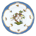 Hand-painted Herend Rothschild Bird Blue Border Dessert Plate in fine porcelain, 8.25in D,, Motif 11, on a white background