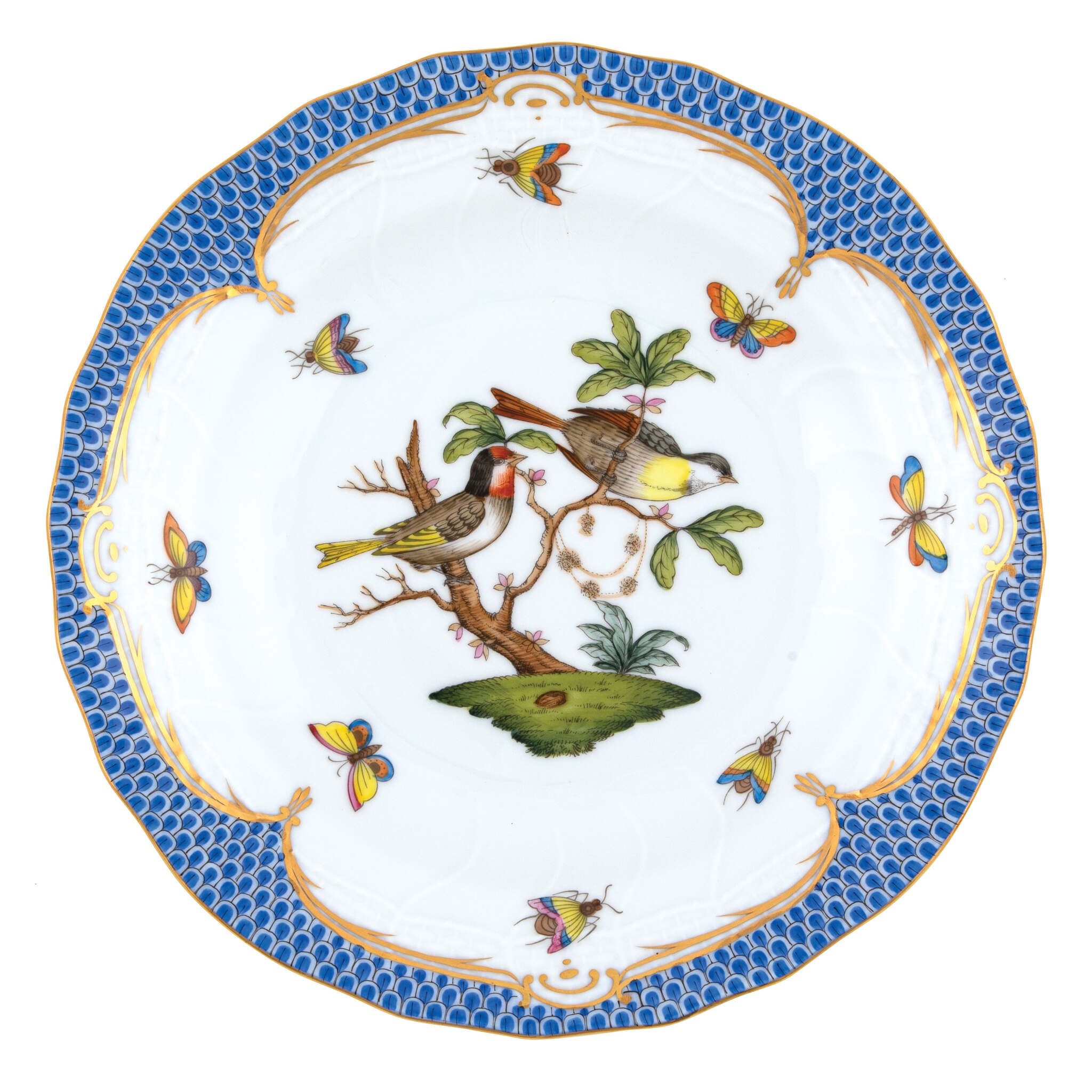 Hand-painted Herend Rothschild Bird Blue Border Dessert Plate in fine porcelain, 8.25in D,, Motif 11, on a white background