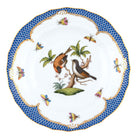 Hand-painted Herend Rothschild Bird Blue Border Dessert Plate in fine porcelain, 8.25in D,, Motif 12, on a white background
