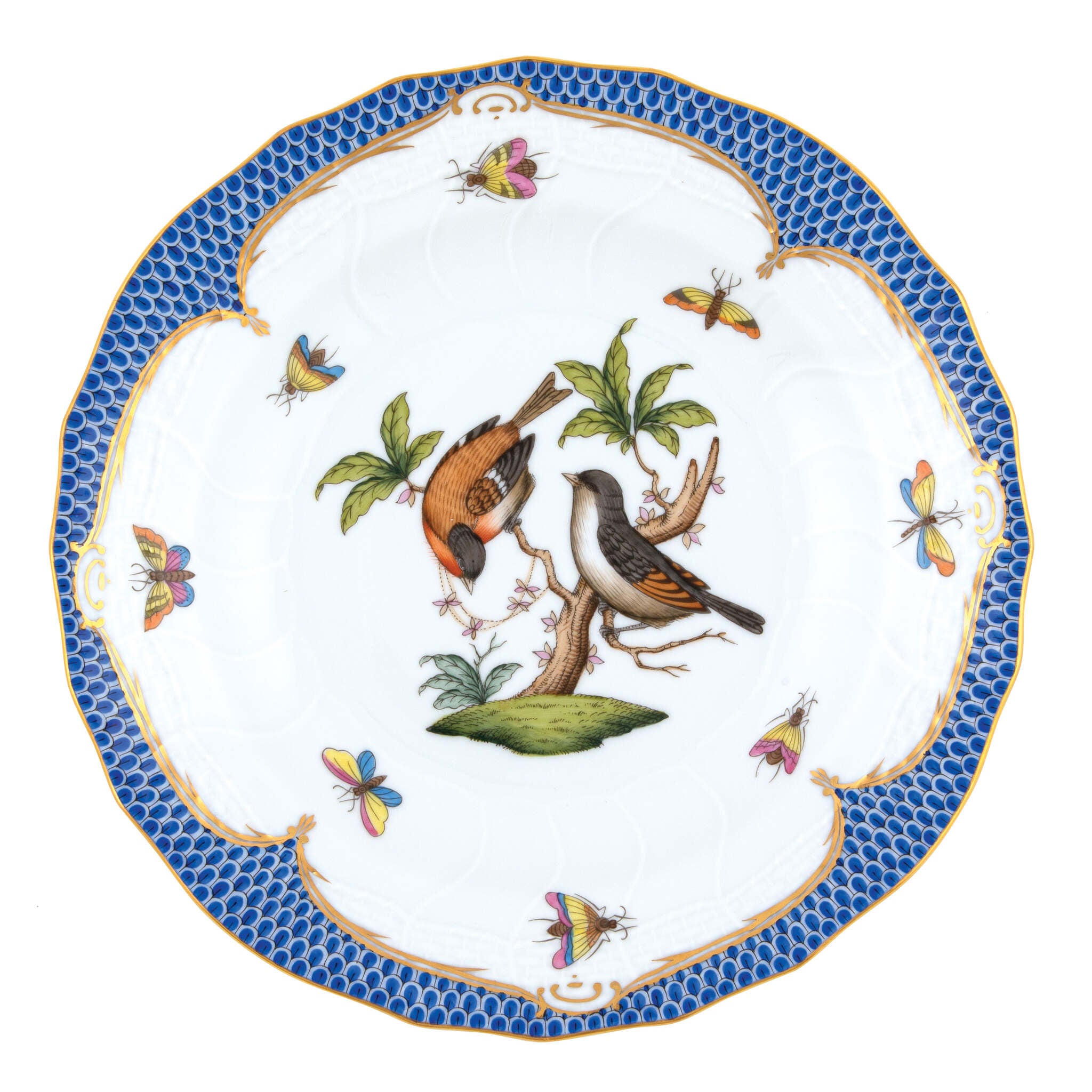 Hand-painted Herend Rothschild Bird Blue Border Dessert Plate in fine porcelain, 8.25in D,, Motif 12, on a white background
