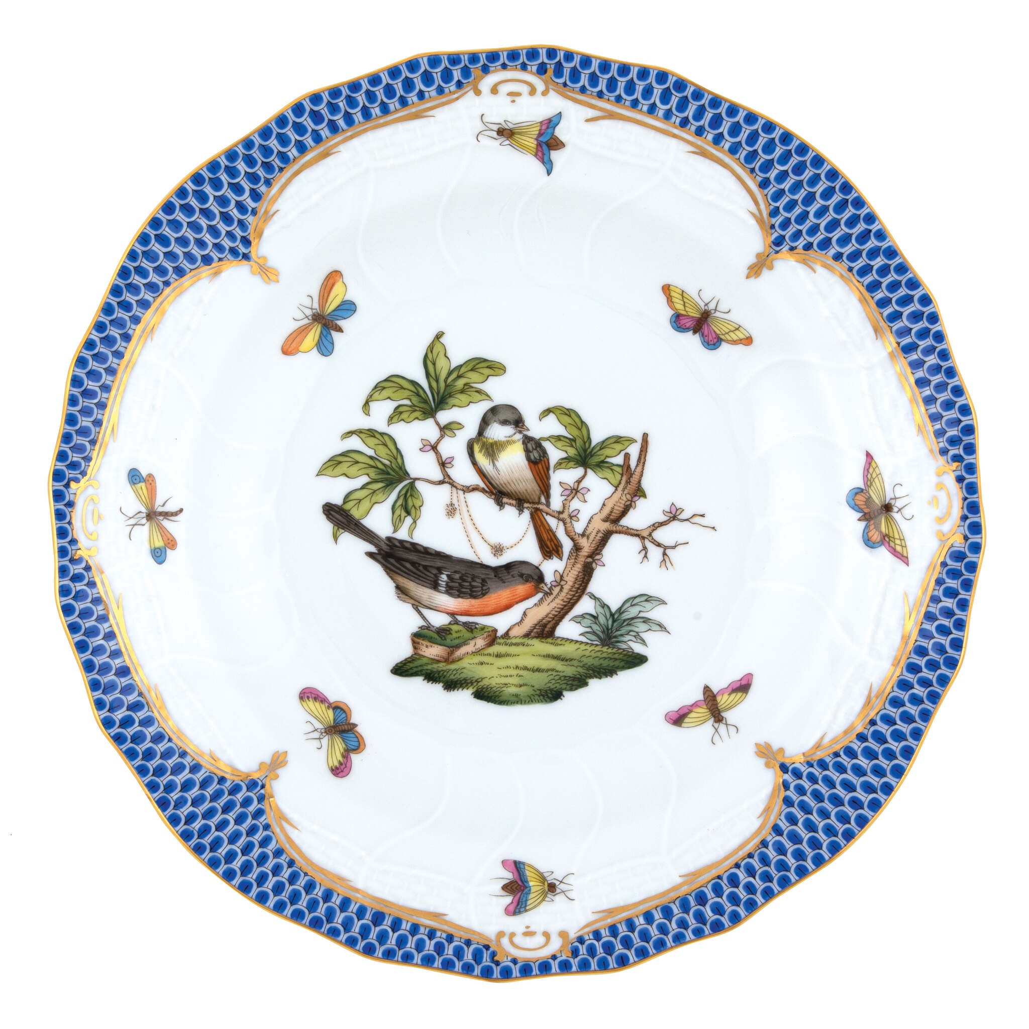 Hand-painted Herend Rothschild Bird Blue Border Dessert Plate in fine porcelain, 8.25in D,, Motif 2, on a white background