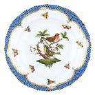 Hand-painted Herend Rothschild Bird Blue Border Dessert Plate in fine porcelain, 8.25in D,, Motif 3, on a white background