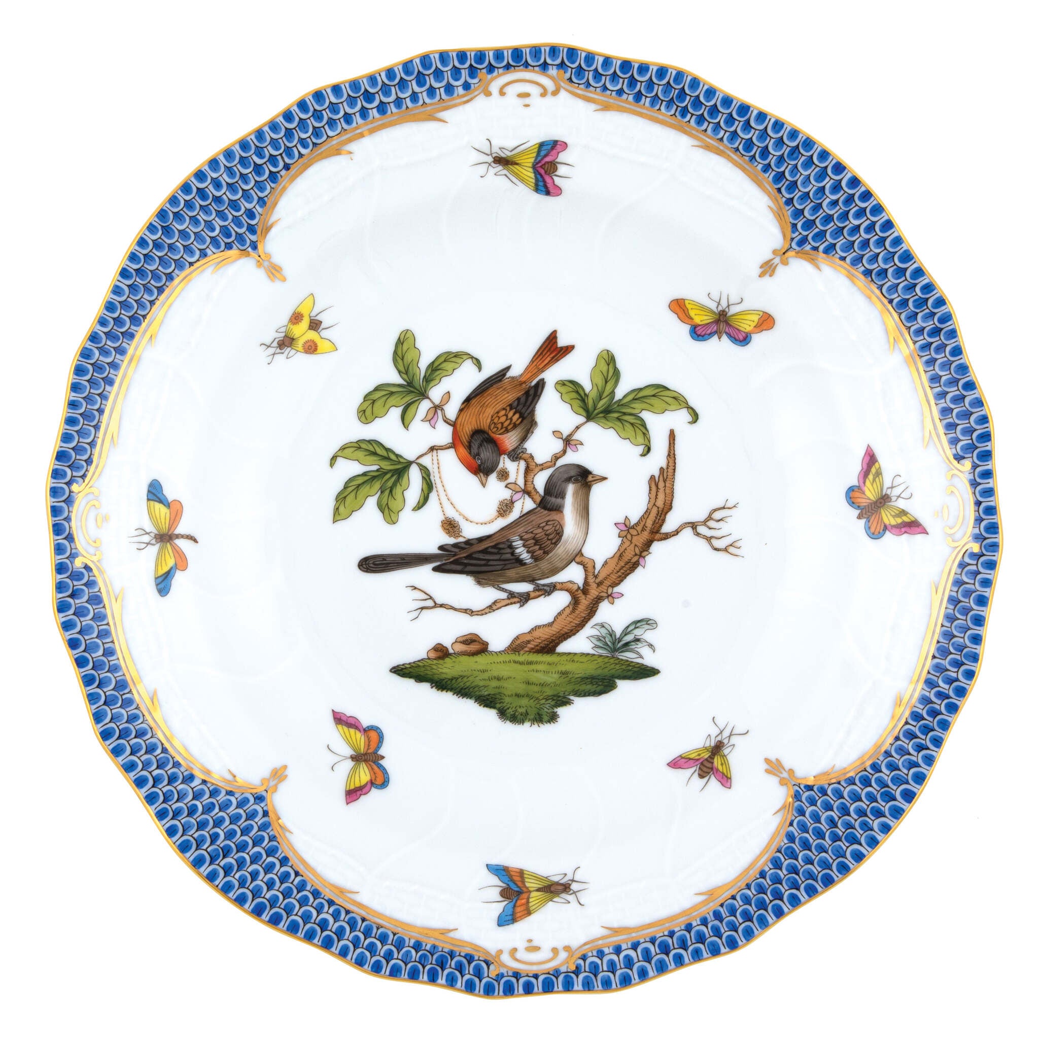 Hand-painted Herend Rothschild Bird Blue Border Dessert Plate in fine porcelain, 8.25in D,, Motif 4, on a white background