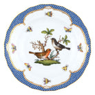 Hand-painted Herend Rothschild Bird Blue Border Dessert Plate in fine porcelain, 8.25in D,, Motif 5, on a white background