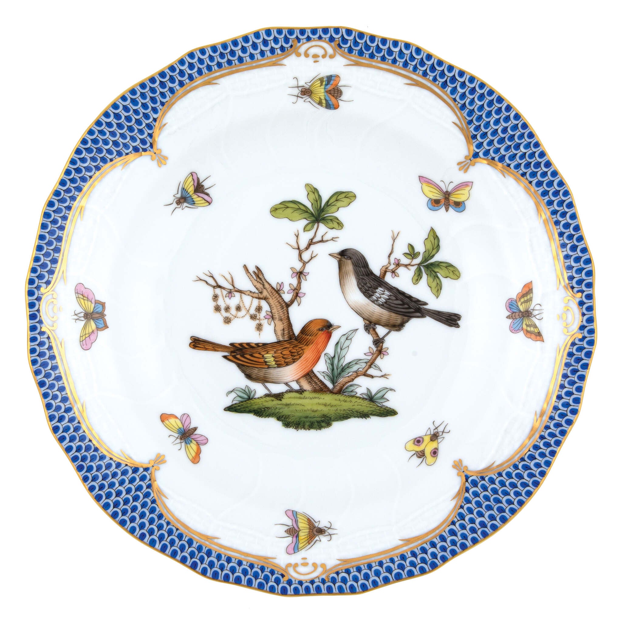 Hand-painted Herend Rothschild Bird Blue Border Dessert Plate in fine porcelain, 8.25in D,, Motif 5, on a white background