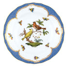 Hand-painted Herend Rothschild Bird Blue Border Dessert Plate in fine porcelain, 8.25in D,, Motif 6, on a white background