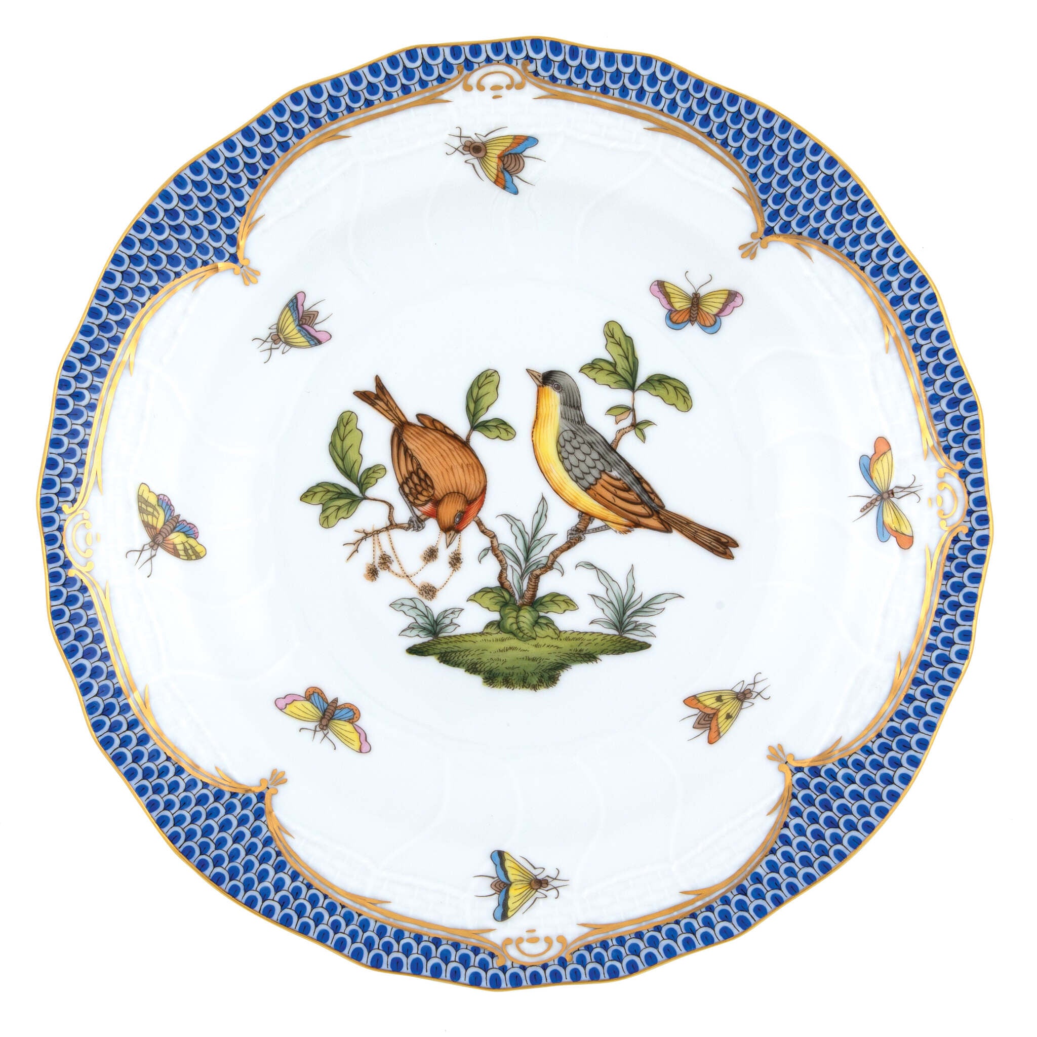 Hand-painted Herend Rothschild Bird Blue Border Dessert Plate in fine porcelain, 8.25in D,, Motif 7, on a white background