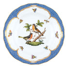 Hand-painted Herend Rothschild Bird Blue Border Dessert Plate in fine porcelain, 8.25in D,, Motif 8, on a white background