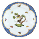 Hand-painted Herend Rothschild Bird Blue Border Dinner Plate in fine porcelain, 10.5in D,, Motif 1, on a white background