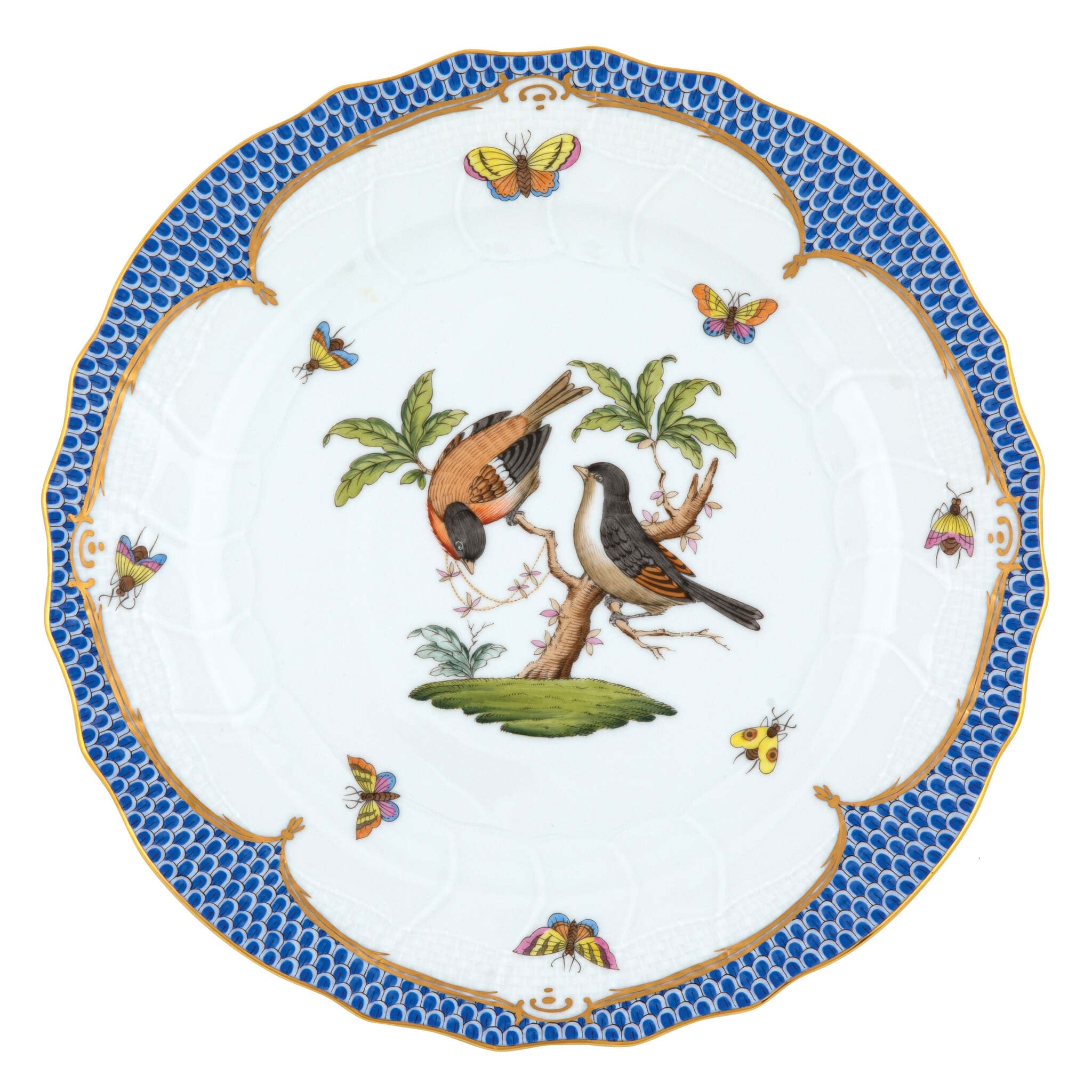Hand-painted Herend Rothschild Bird Blue Border Dinner Plate in fine porcelain, 10.5in D,, Motif 12, on a white background