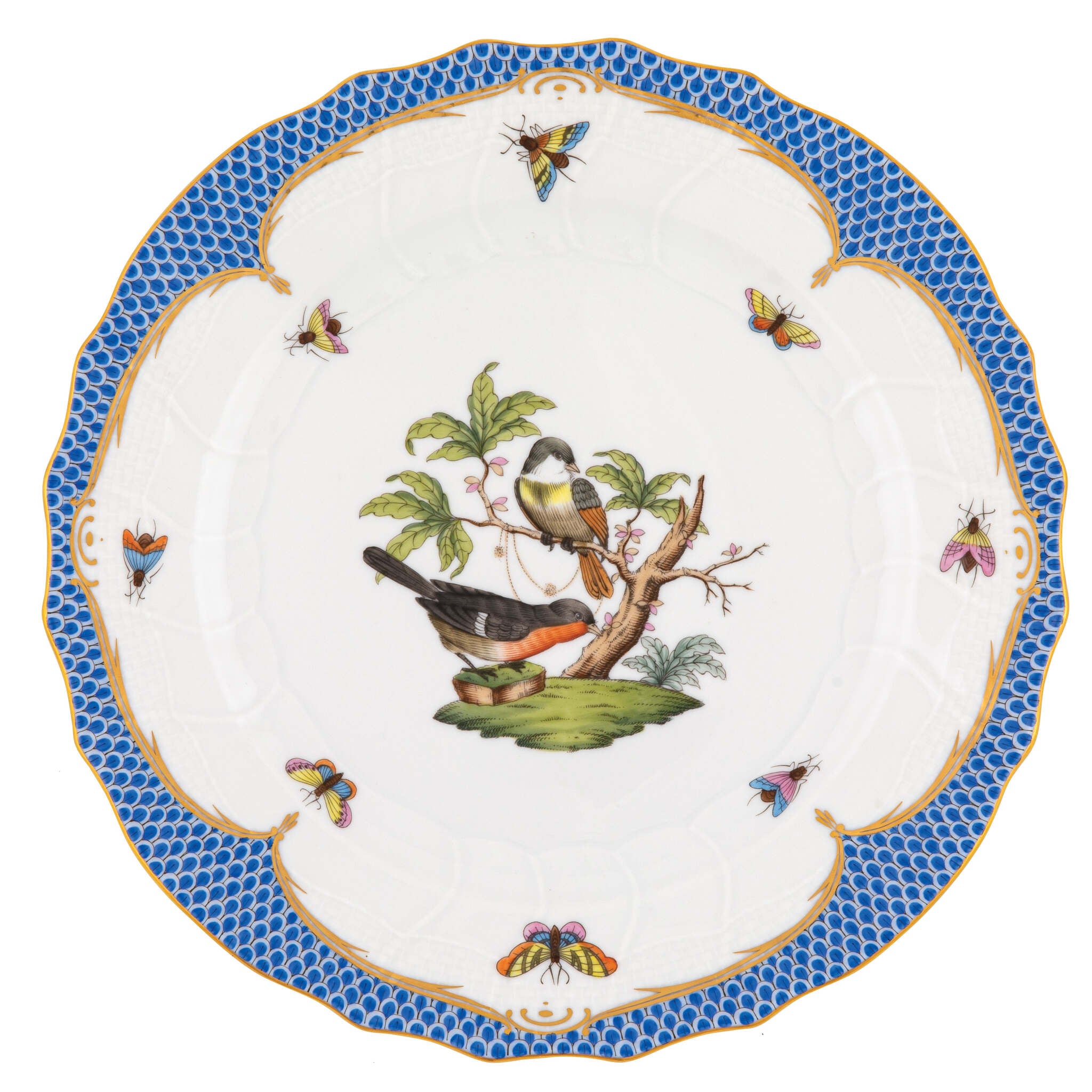 Hand-painted Herend Rothschild Bird Blue Border Dinner Plate in fine porcelain, 10.5in D,, Motif 2, on a white background