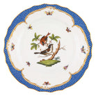 Hand-painted Herend Rothschild Bird Blue Border Dinner Plate in fine porcelain, 10.5in D,, Motif 4, on a white background