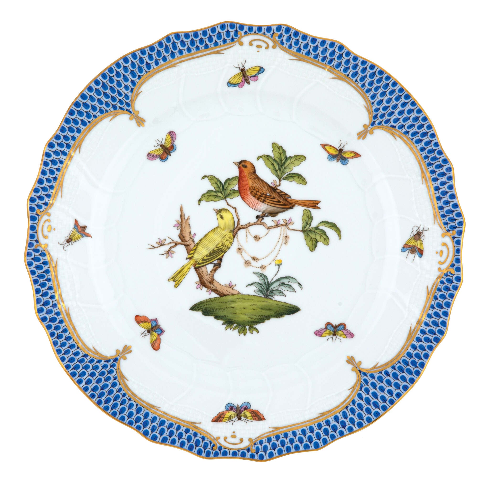 Hand-painted Herend Rothschild Bird Blue Border Dinner Plate in fine porcelain, 10.5in D,, Motif 6, on a white background