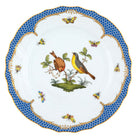 Hand-painted Herend Rothschild Bird Blue Border Dinner Plate in fine porcelain, 10.5in D,, Motif 7, on a white background