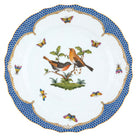 Hand-painted Herend Rothschild Bird Blue Border Dinner Plate in fine porcelain, 10.5in D,, Motif 9, on a white background