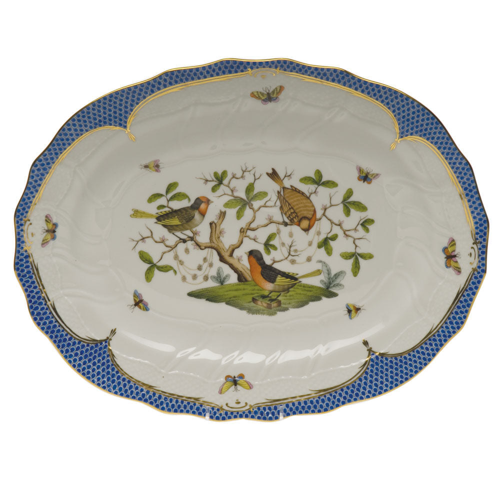 Hand-painted Herend Rothschild Bird Blue Border Platter in fine porcelain, 17in L X 12.5in W, on a white background
