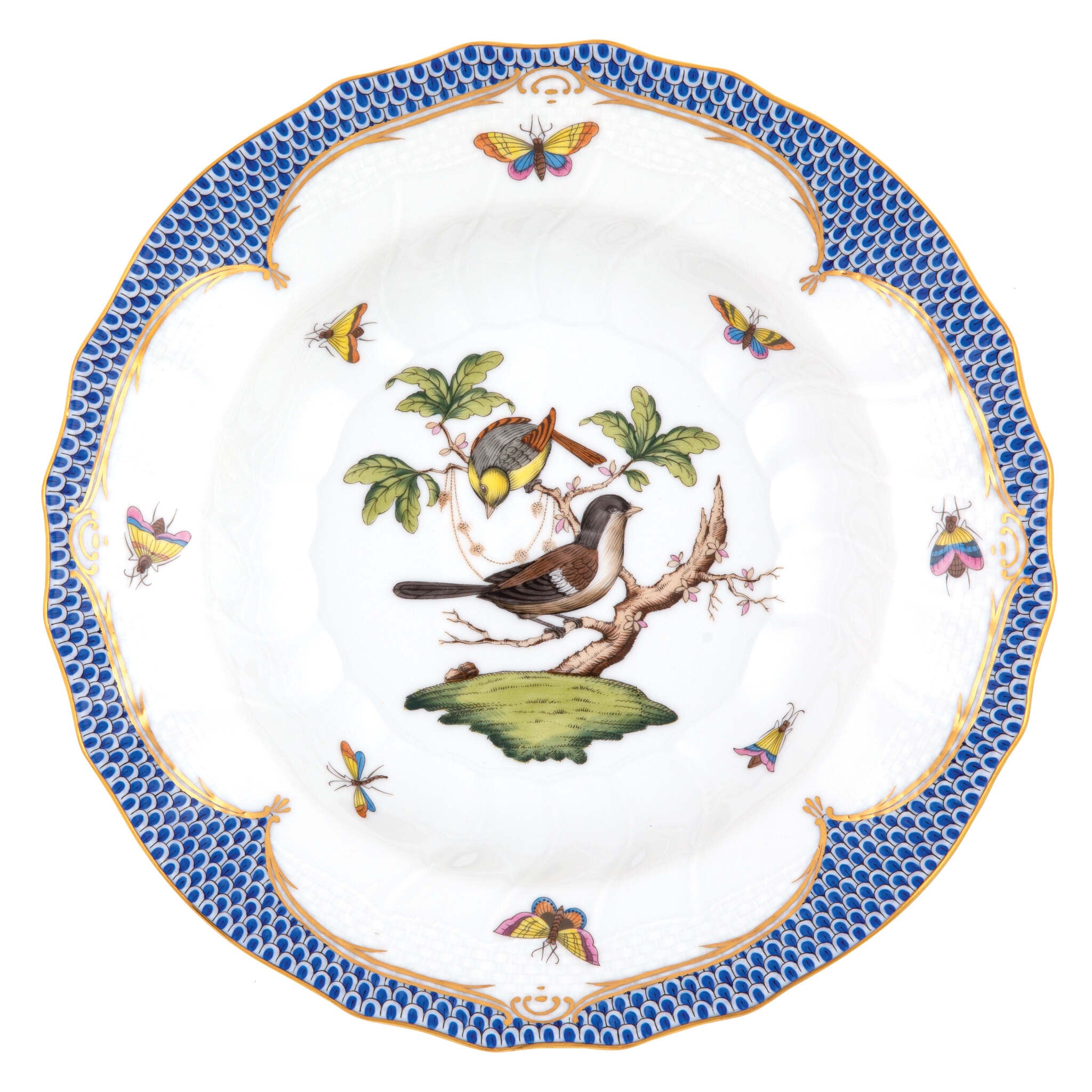 Hand-painted Herend Rothschild Bird Blue Border Rim Soup Soup Plates & Rimmed Soup Bowl in fine porcelain, 9.5in D,, Motif 1, on a white background