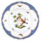 Hand-painted Herend Rothschild Bird Blue Border Rim Soup Soup Plates & Rimmed Soup Bowl in fine porcelain, 9.5in D,, Motif 10, on a white background