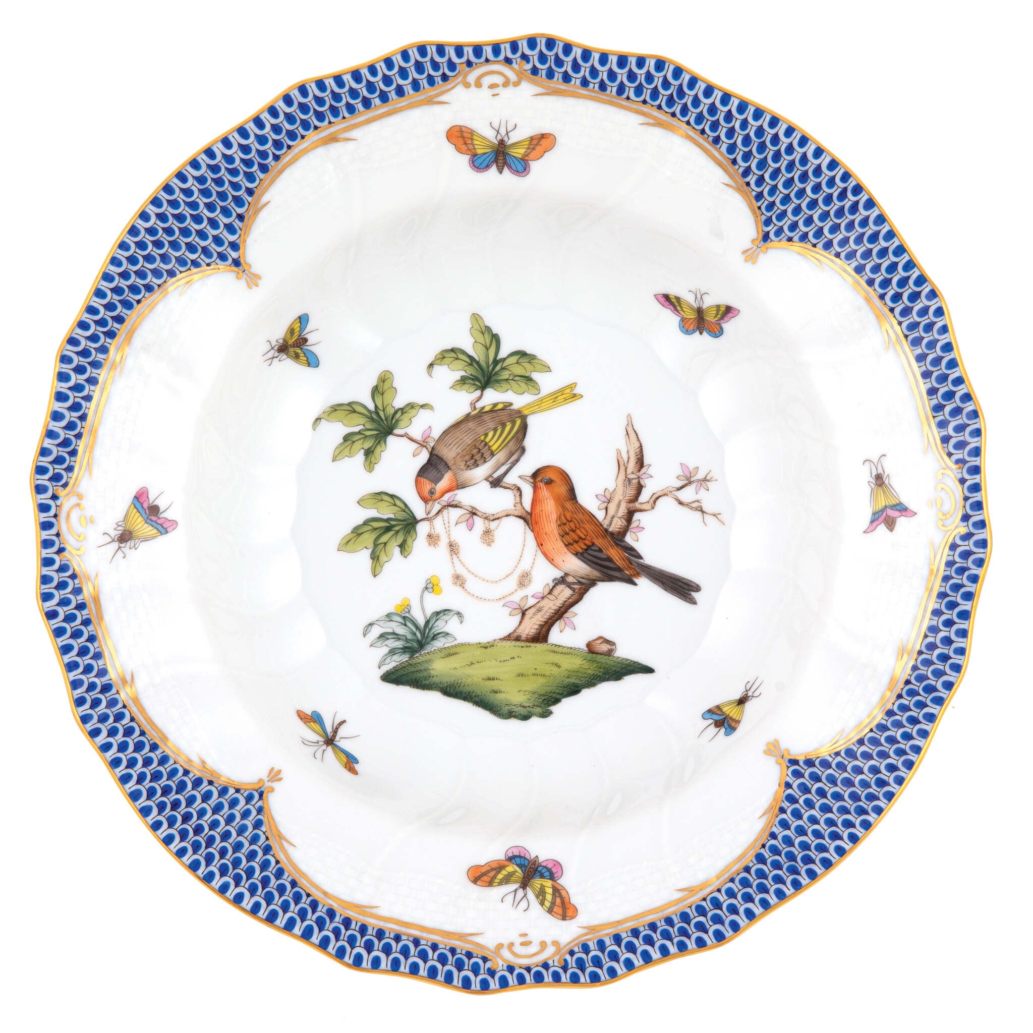 Hand-painted Herend Rothschild Bird Blue Border Rim Soup Soup Plates & Rimmed Soup Bowl in fine porcelain, 9.5in D,, Motif 10, on a white background