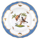 Hand-painted Herend Rothschild Bird Blue Border Rim Soup Soup Plates & Rimmed Soup Bowl in fine porcelain, 9.5in D,, Motif 12, on a white background
