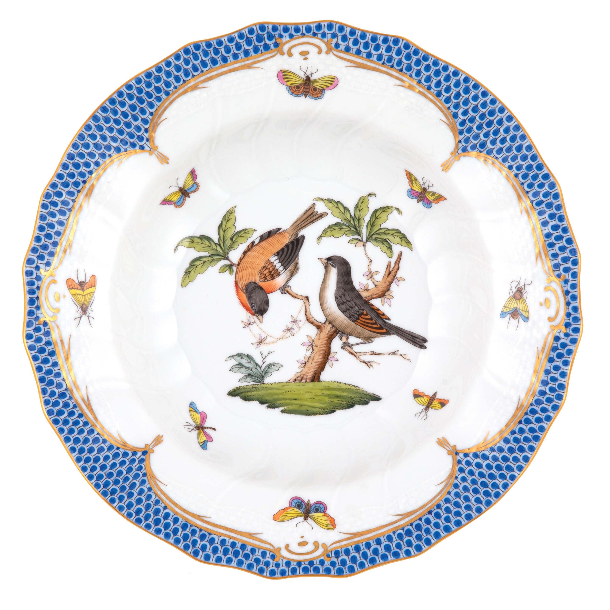 Hand-painted Herend Rothschild Bird Blue Border Rim Soup Soup Plates & Rimmed Soup Bowl in fine porcelain, 9.5in D,, Motif 12, on a white background