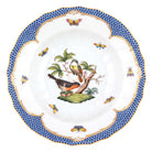 Hand-painted Herend Rothschild Bird Blue Border Rim Soup Soup Plates & Rimmed Soup Bowl in fine porcelain, 9.5in D,, Motif 2, on a white background