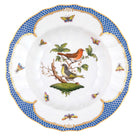 Hand-painted Herend Rothschild Bird Blue Border Rim Soup Soup Plates & Rimmed Soup Bowl in fine porcelain, 9.5in D,, Motif 3, on a white background
