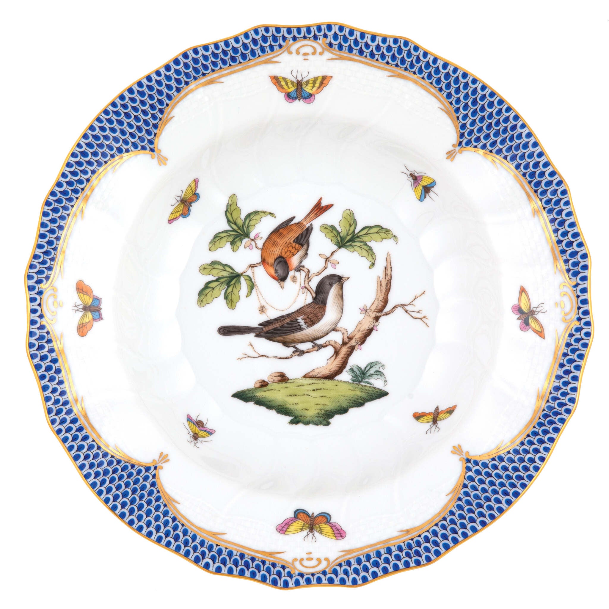 Hand-painted Herend Rothschild Bird Blue Border Rim Soup Soup Plates & Rimmed Soup Bowl in fine porcelain, 9.5in D,, Motif 4, on a white background