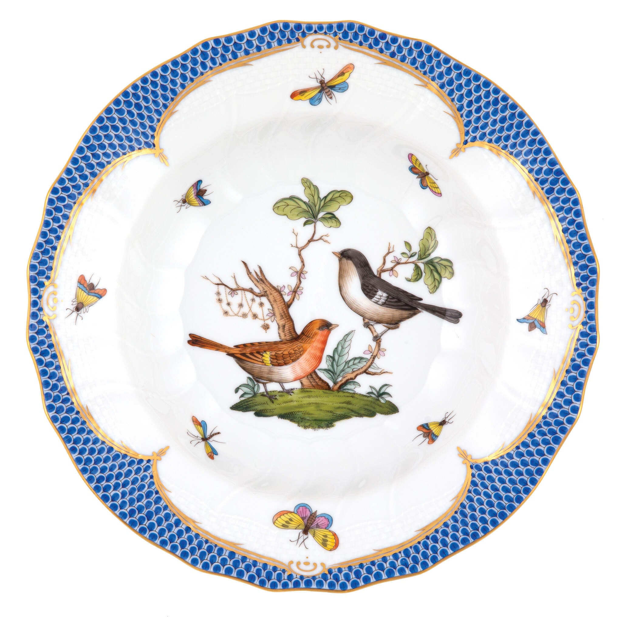 Hand-painted Herend Rothschild Bird Blue Border Rim Soup Soup Plates & Rimmed Soup Bowl in fine porcelain, 9.5in D,, Motif 5, on a white background