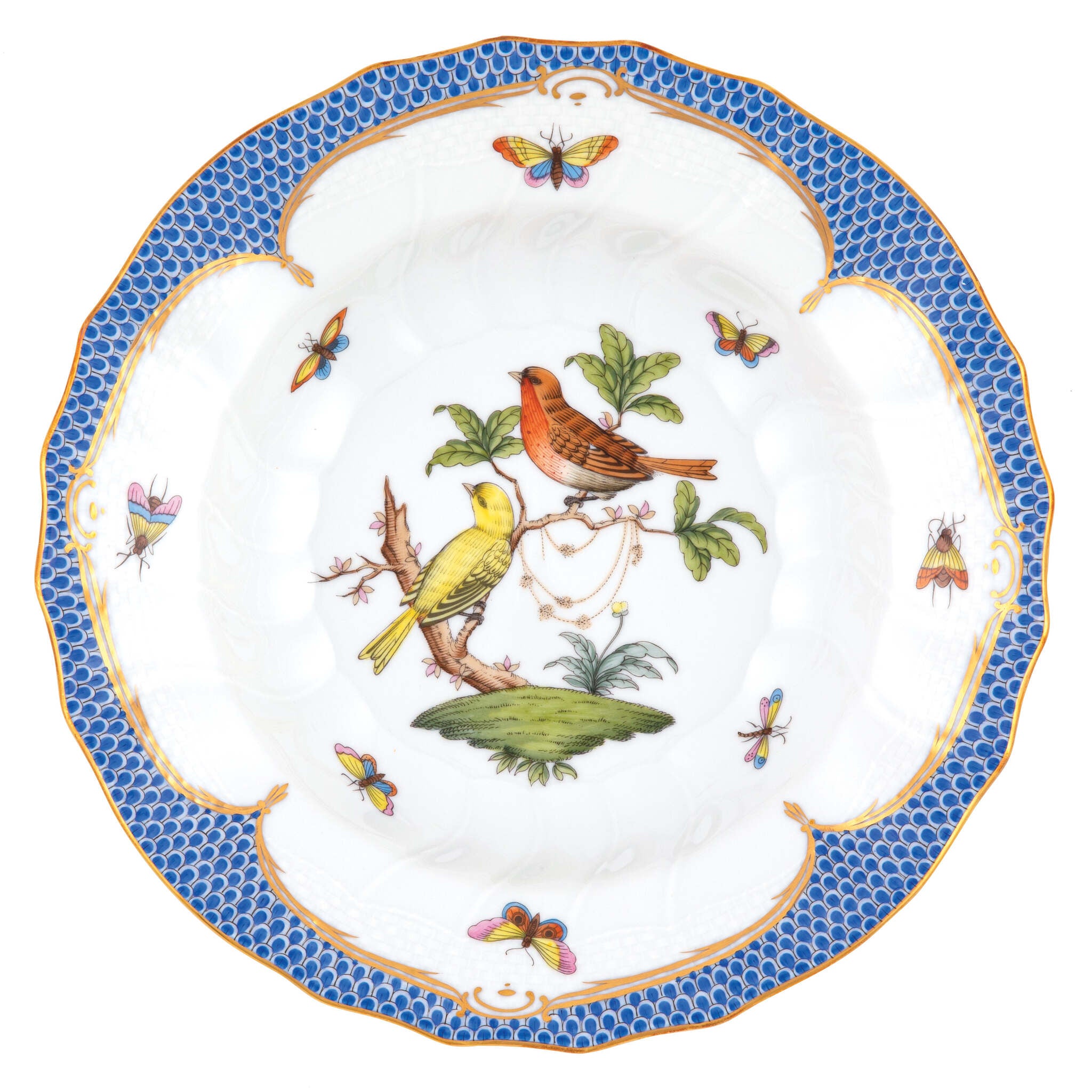 Hand-painted Herend Rothschild Bird Blue Border Rim Soup Soup Plates & Rimmed Soup Bowl in fine porcelain, 9.5in D,, Motif 6, on a white background
