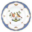 Hand-painted Herend Rothschild Bird Blue Border Rim Soup Soup Plates & Rimmed Soup Bowl in fine porcelain, 9.5in D,, Motif 7, on a white background