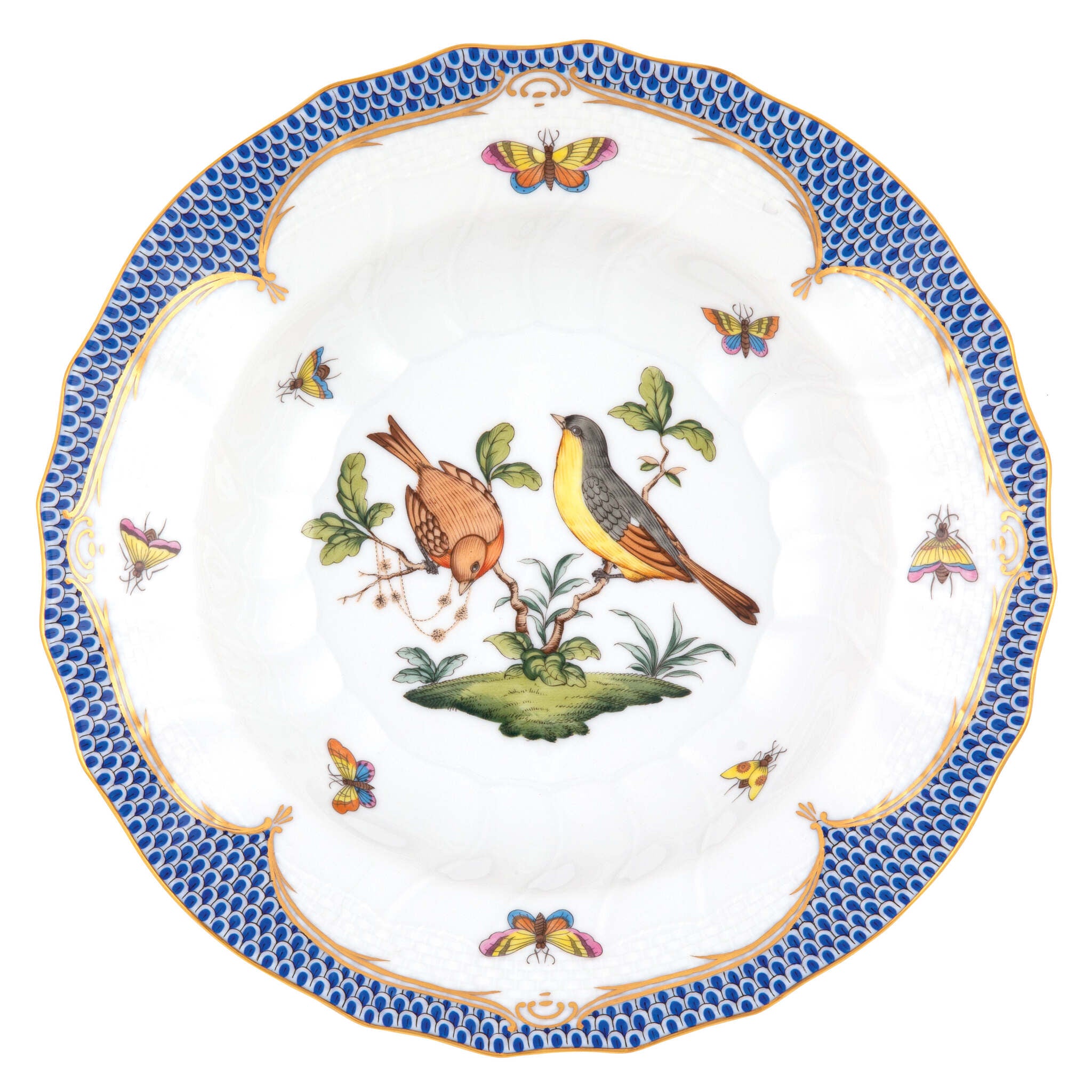 Hand-painted Herend Rothschild Bird Blue Border Rim Soup Soup Plates & Rimmed Soup Bowl in fine porcelain, 9.5in D,, Motif 7, on a white background