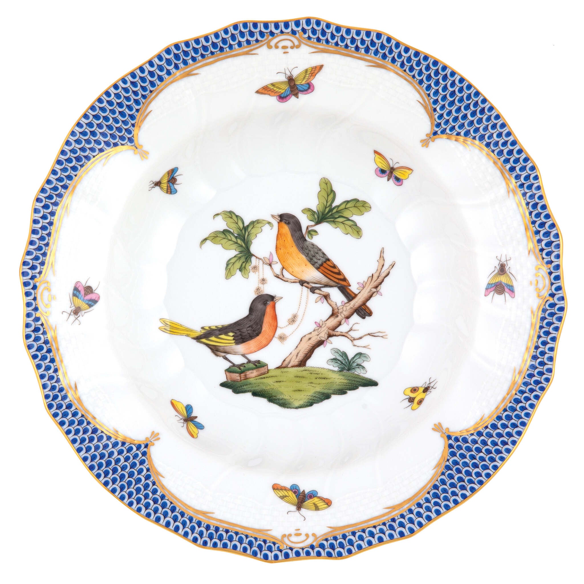 Hand-painted Herend Rothschild Bird Blue Border Rim Soup Soup Plates & Rimmed Soup Bowl in fine porcelain, 9.5in D,, Motif 8, on a white background