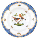 Hand-painted Herend Rothschild Bird Blue Border Rim Soup Soup Plates & Rimmed Soup Bowl in fine porcelain, 9.5in D,, Motif 9, on a white background