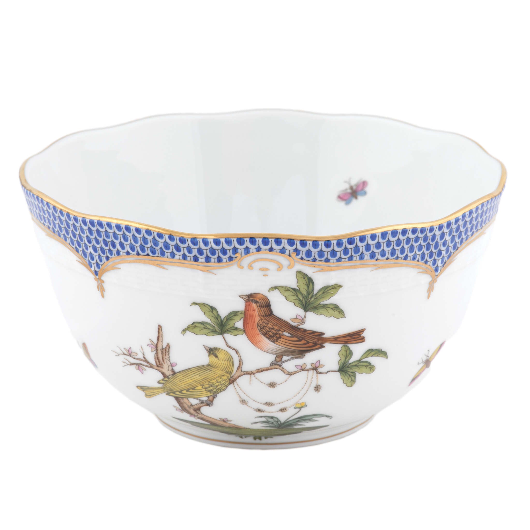 Hand-painted Herend Rothschild Bird Blue Border Round Bowl in fine porcelain, (3.5 PT) 7.5in D, on a white background