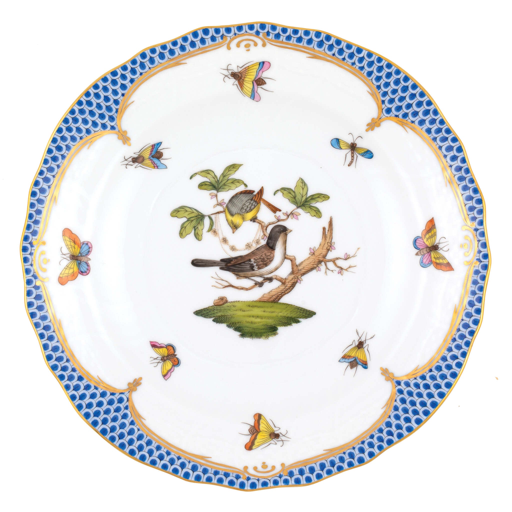 Hand-painted Herend Rothschild Bird Blue Border Salad Plate in fine porcelain, 7.5in D,, Motif 1, on a white background
