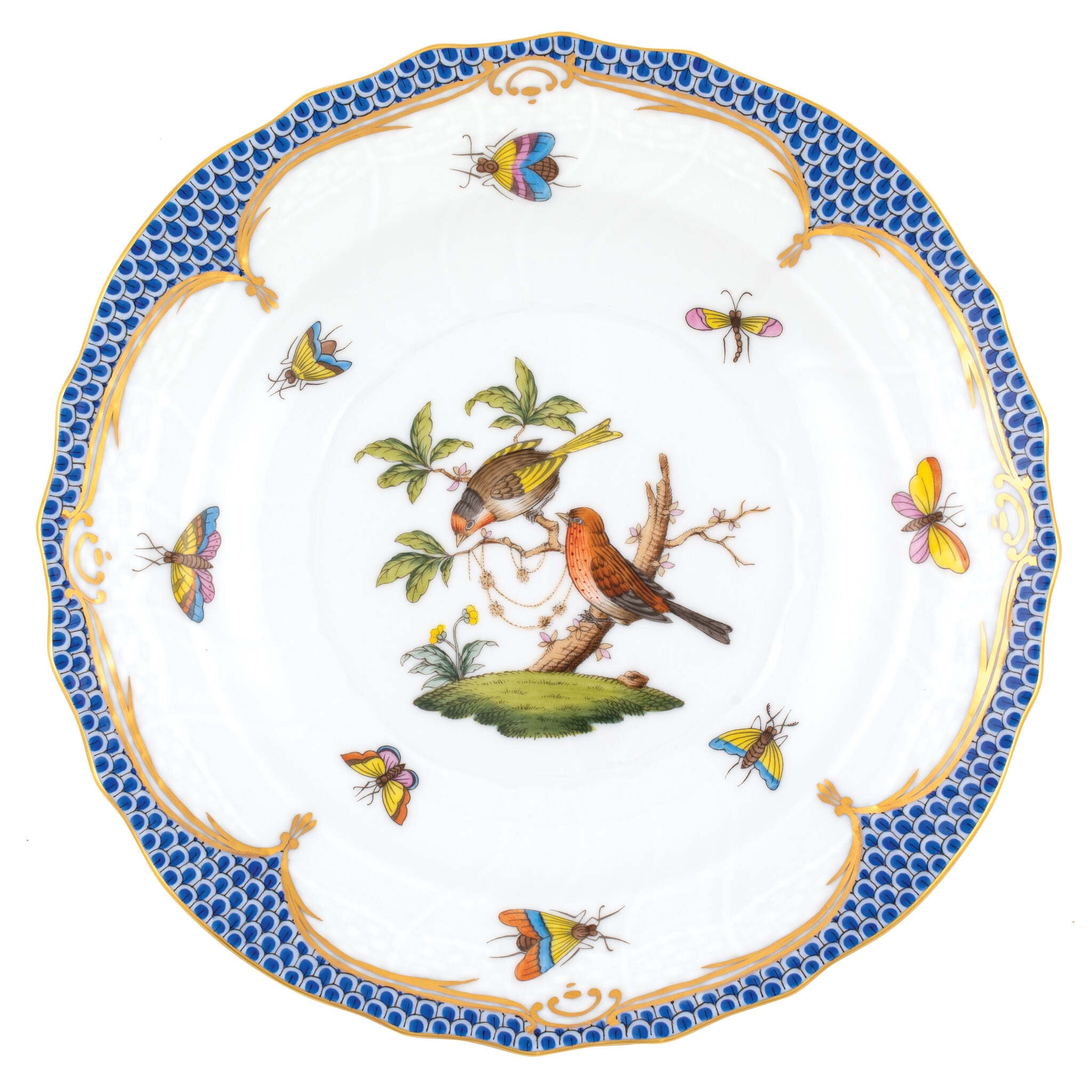 Hand-painted Herend Rothschild Bird Blue Border Salad Plate in fine porcelain, 7.5in D,, Motif 10, on a white background