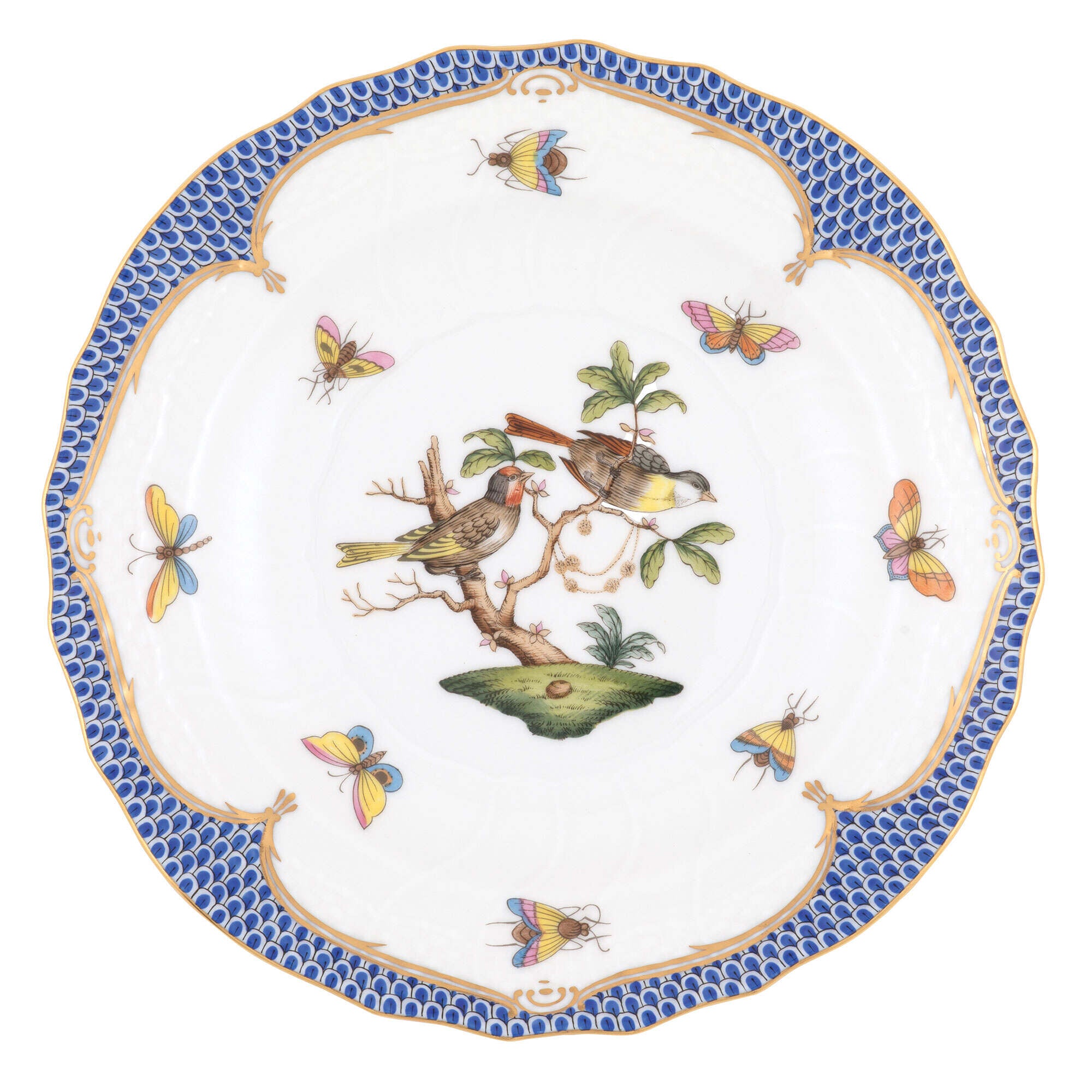 Hand-painted Herend Rothschild Bird Blue Border Salad Plate in fine porcelain, 7.5in D,, Motif 11, on a white background