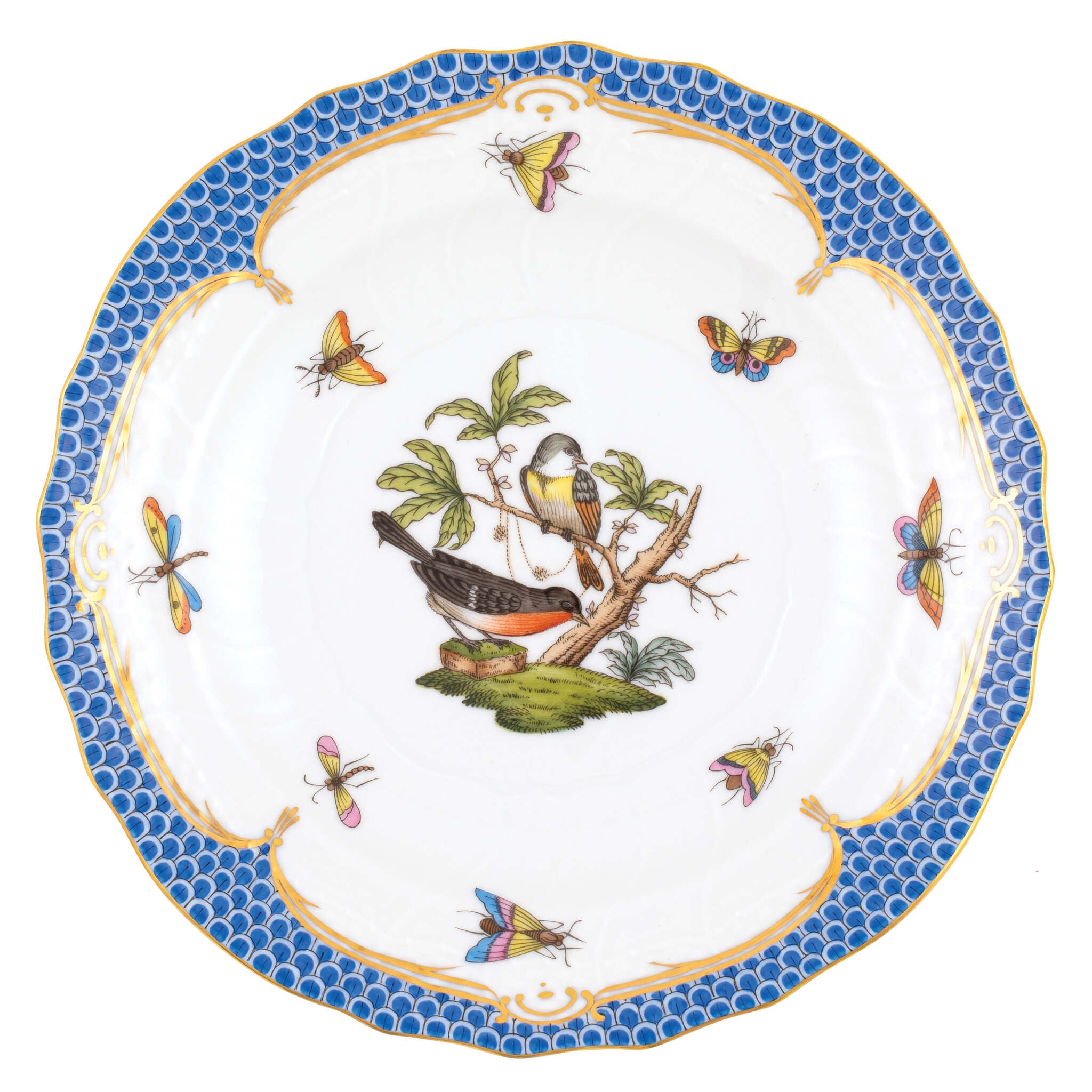 Hand-painted Herend Rothschild Bird Blue Border Salad Plate in fine porcelain, 7.5in D,, Motif 2, on a white background