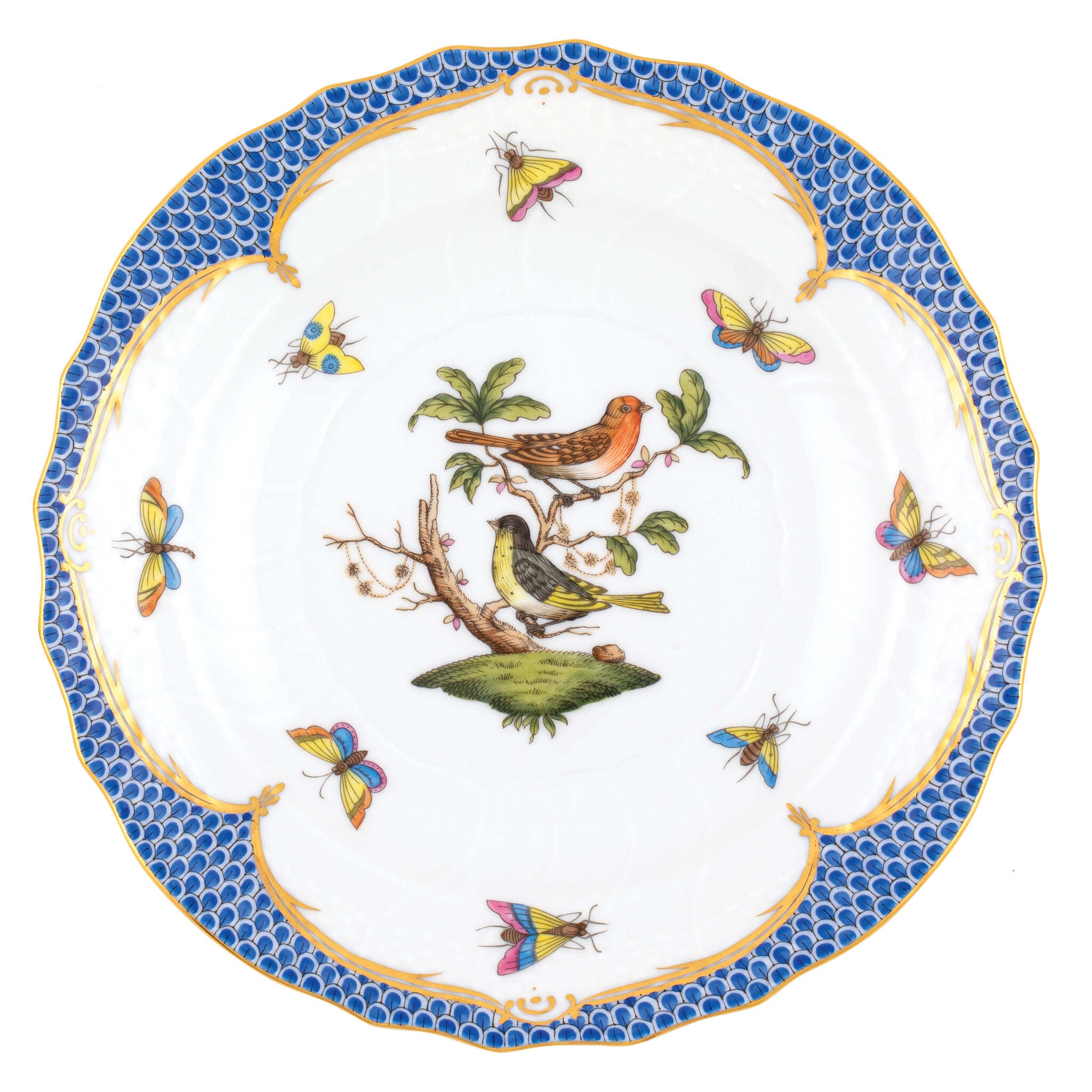 Hand-painted Herend Rothschild Bird Blue Border Salad Plate in fine porcelain, 7.5in D,, Motif 3, on a white background