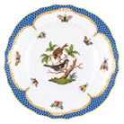 Hand-painted Herend Rothschild Bird Blue Border Salad Plate in fine porcelain, 7.5in D,, Motif 4, on a white background