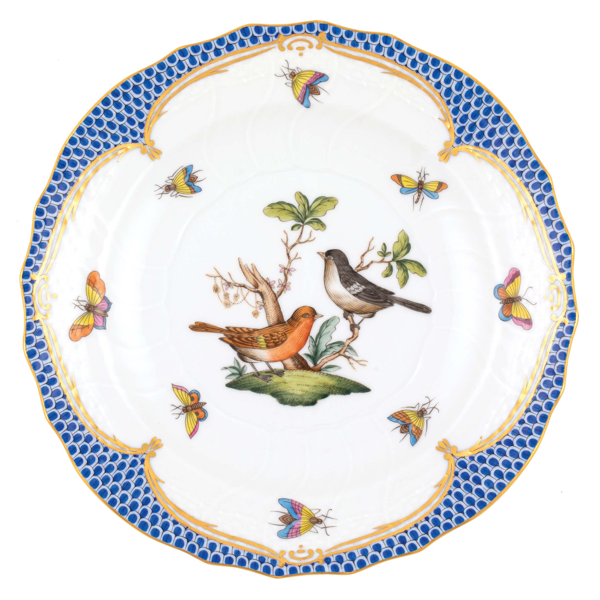 Hand-painted Herend Rothschild Bird Blue Border Salad Plate in fine porcelain, 7.5in D,, Motif 5, on a white background
